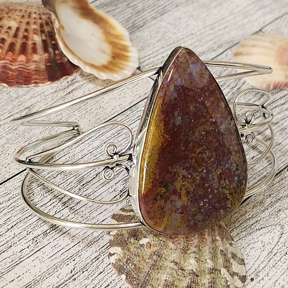 Blazing Flames Fire Jasper Silver Cuff Bracelet - Bold Statement Jewelry